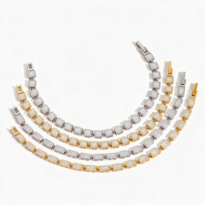 Baguette crystal tennis bracelets in gold tone and silver tone