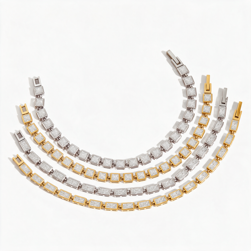 Baguette crystal tennis bracelets in gold tone and silver tone
