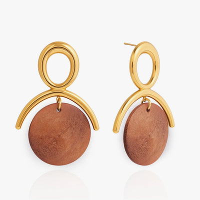 Gold-tone loop earrings with a round brown wooden disc drop