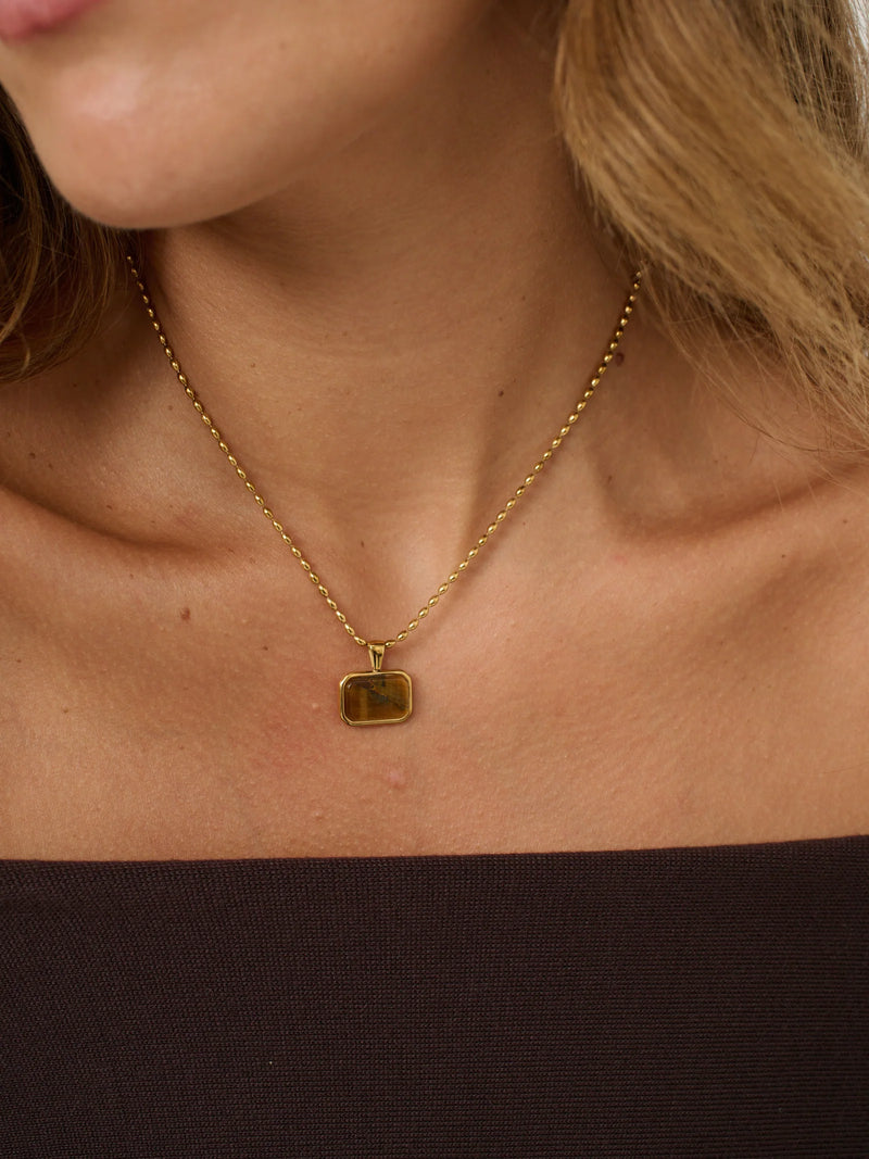 Colombine Rectangle Stone Pendant Necklace – Tiger's Eye