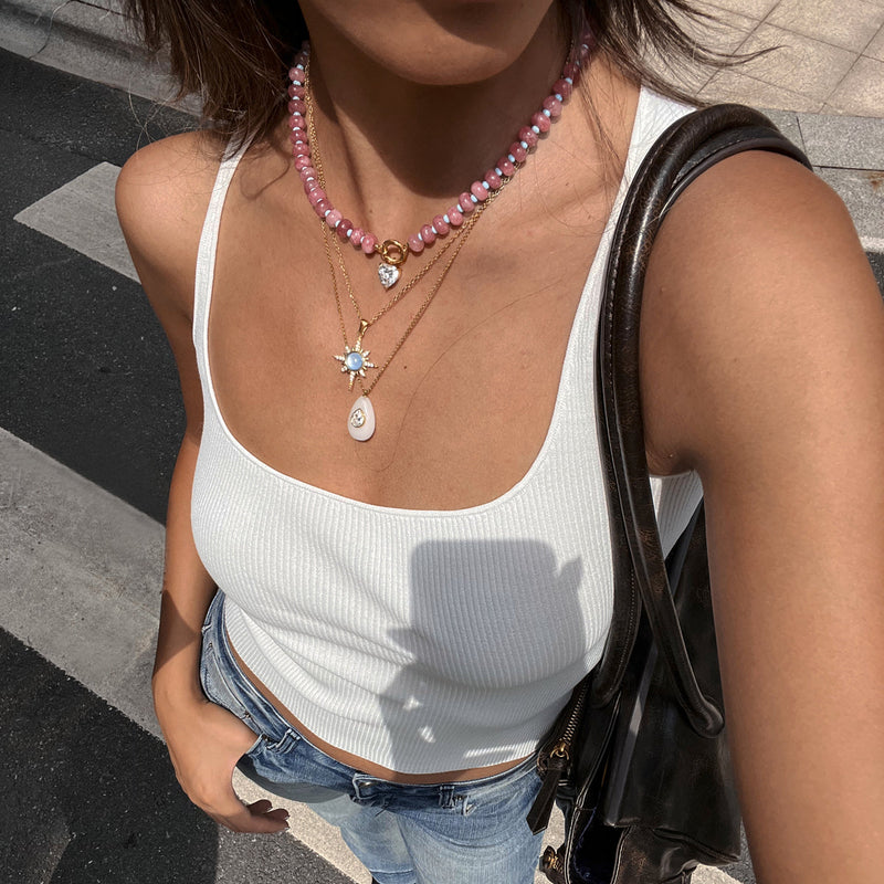 Blandine Beaded Stone Necklace – Pink, close view