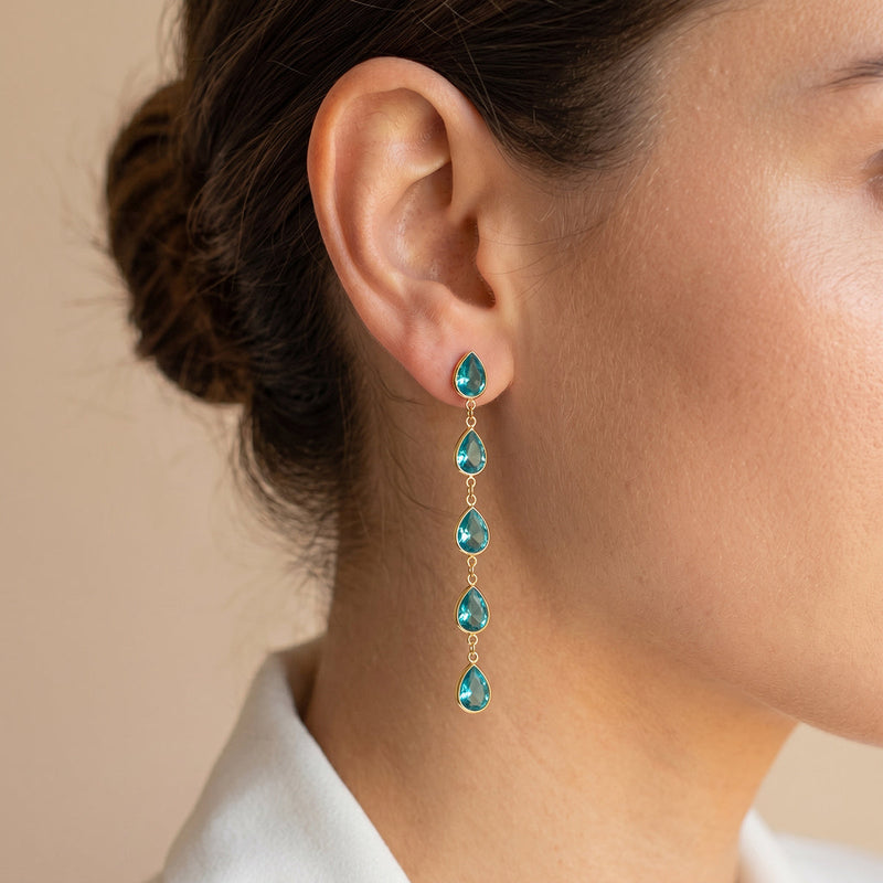 Fanette Linear Stone Drop Earrings – Aqua Teardrop, close view
