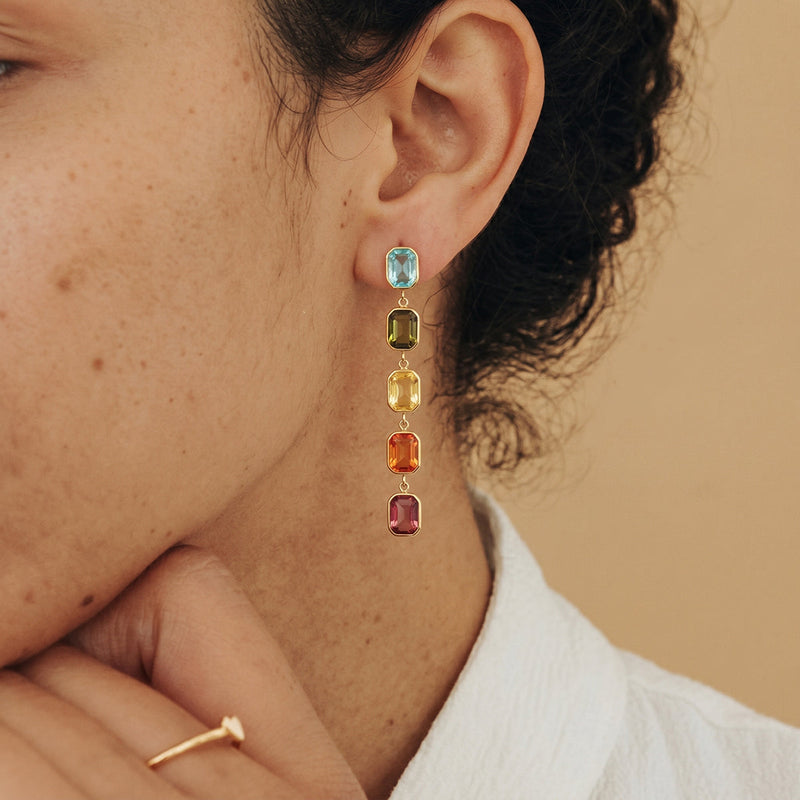 Fanette Linear Stone Drop Earrings – Warm Multi Rectangle, close view