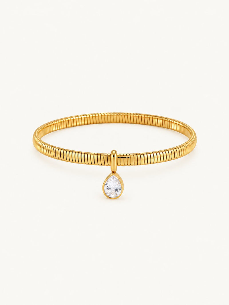 Gaelle Coiled Teardrop Charm Bangle, product image with measurements