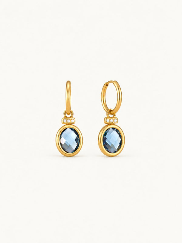 Marine Blue Stone Drop Huggie Earrings, close view