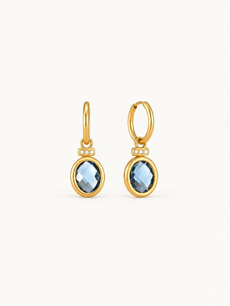 Marine Blue Stone Drop Huggie Earrings, close view