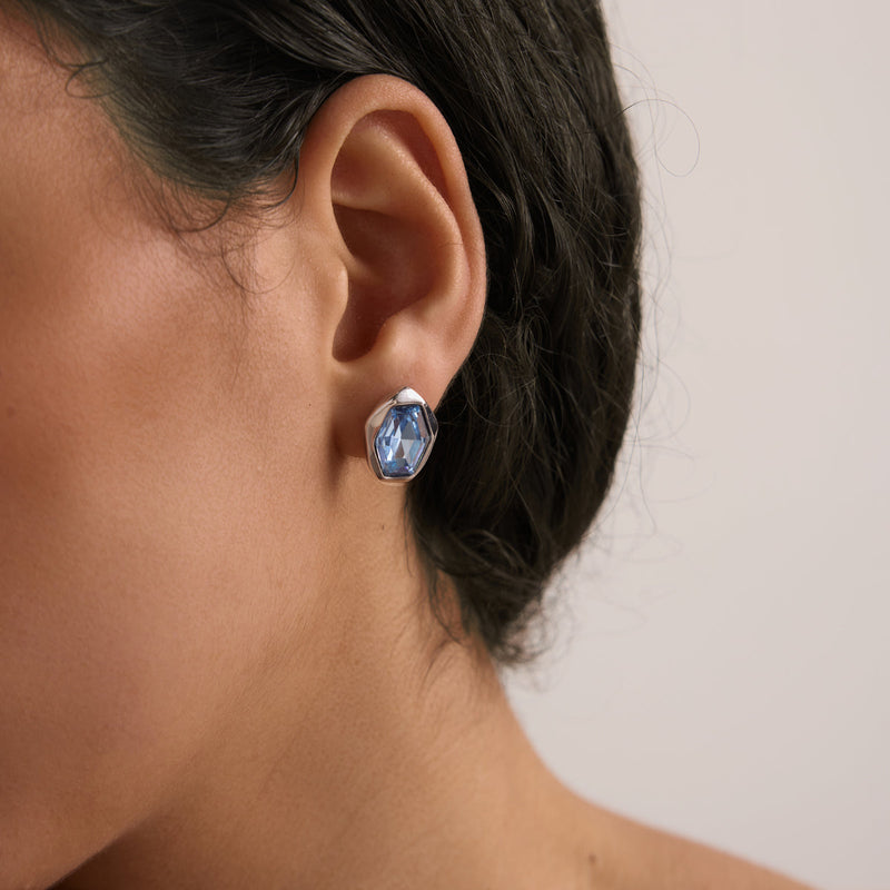 Odalie Faceted Hexagon Stud Earrings – Blue, close view