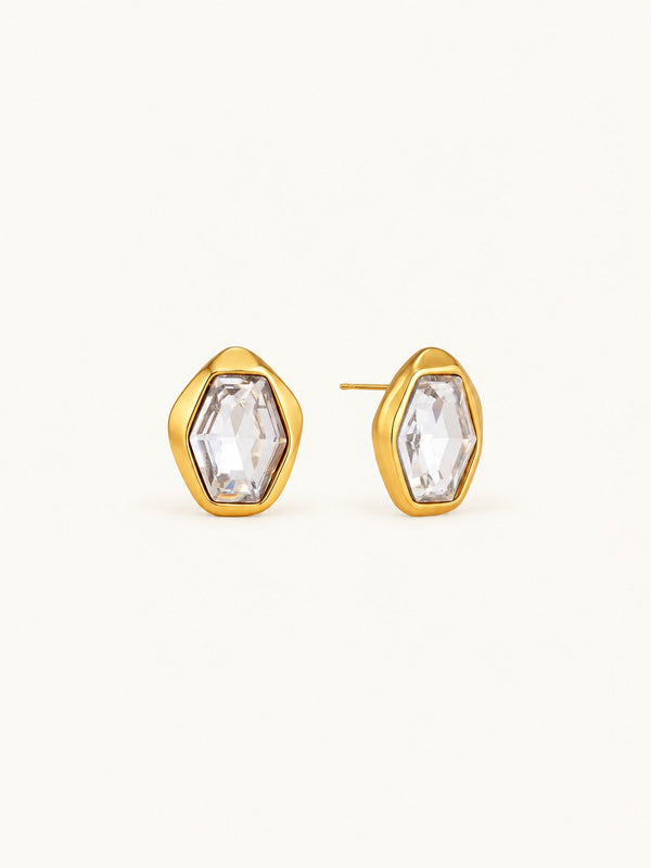 Odalie Faceted Hexagon Stud Earrings – Clear, product image with measurements