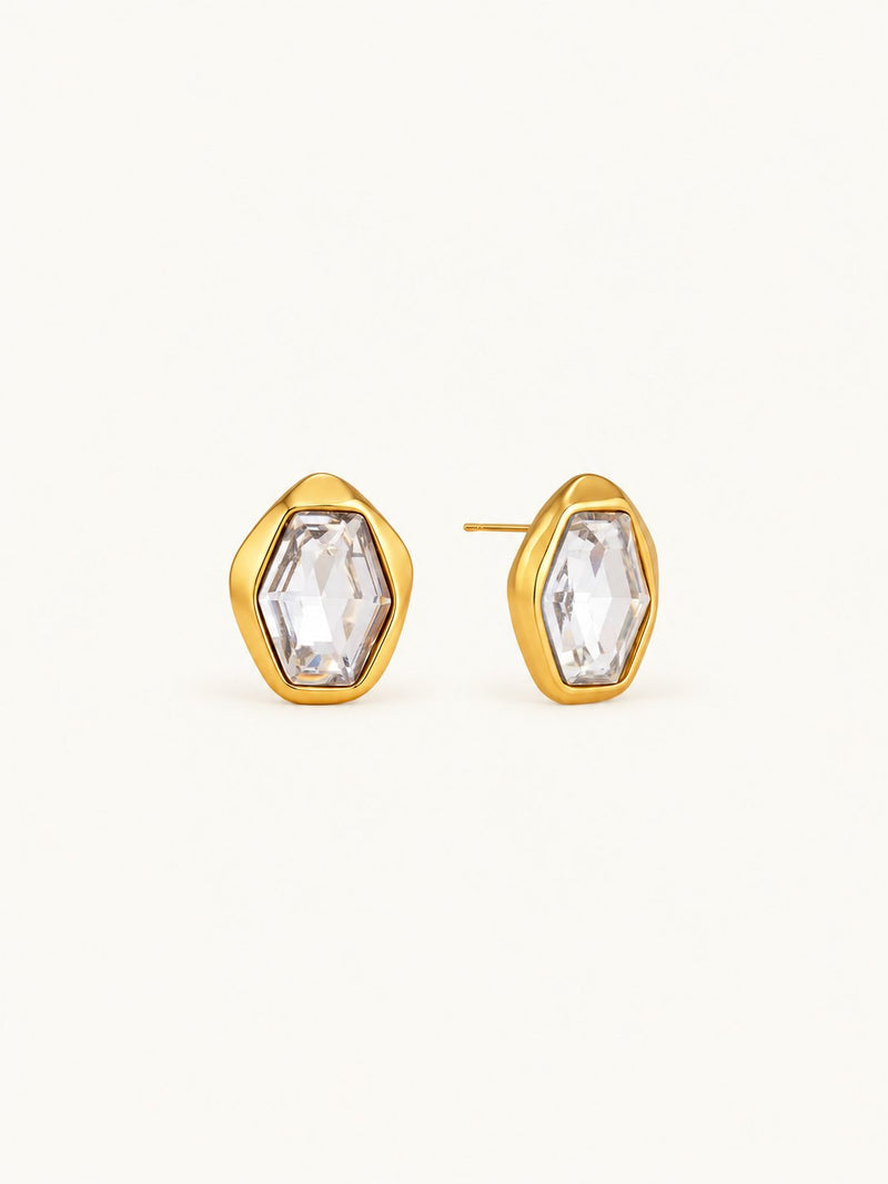 Odalie Faceted Hexagon Stud Earrings – Clear, product image with measurements