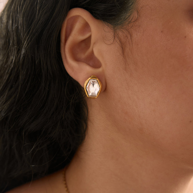 Odalie Faceted Hexagon Stud Earrings – Clear, close view