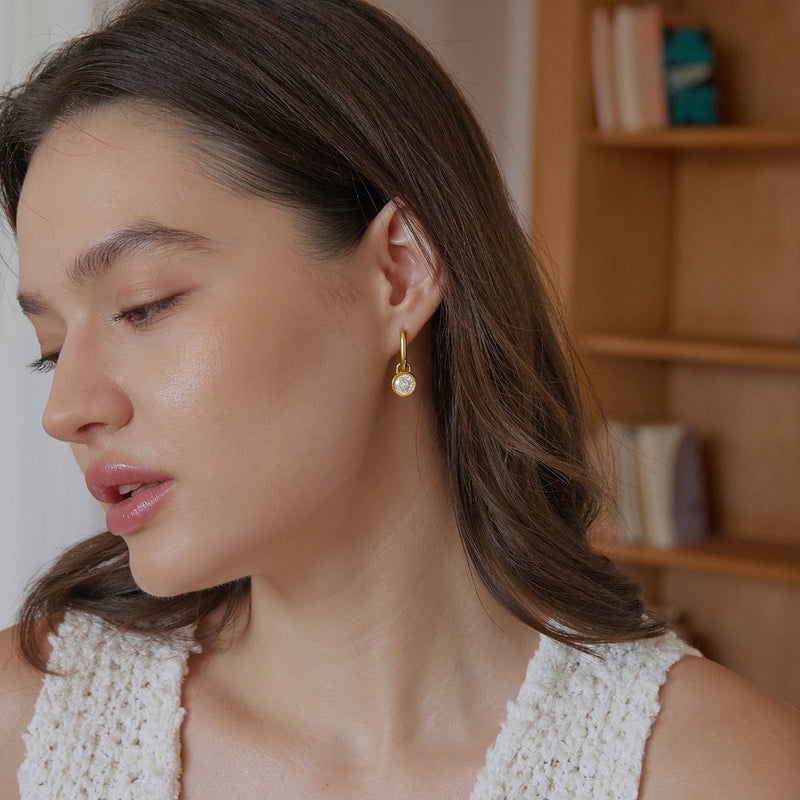 Oriane Rope-Edge Round Stone Drop Huggie Earrings, close view