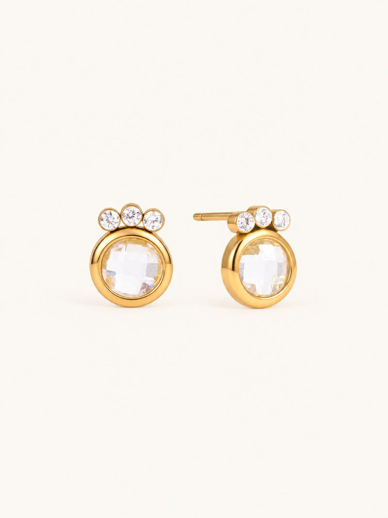 Sabrina Pastel Bezel Stud Earrings – Clear Round, product image with measurements