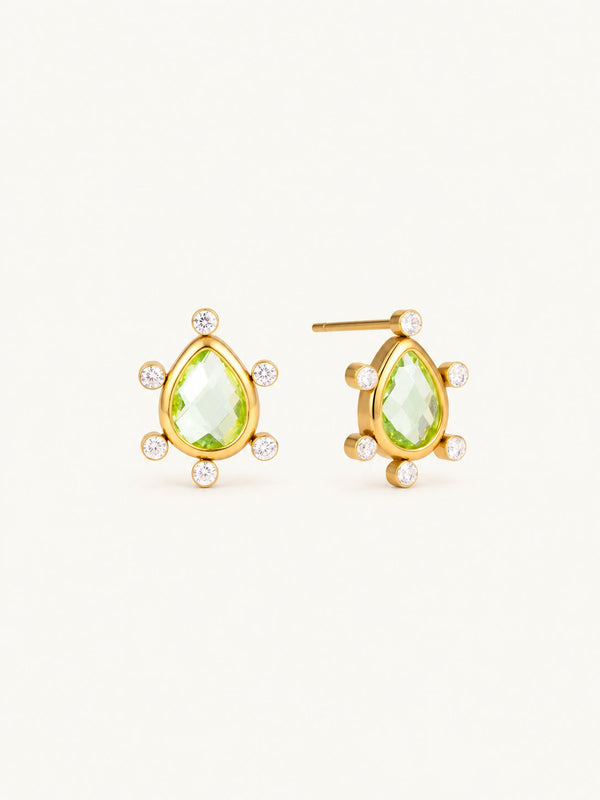 Sabrina Pastel Bezel Stud Earrings – Peridot Pear, product image with measurements