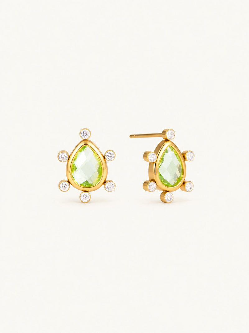 Sabrina Pastel Bezel Stud Earrings – Peridot Pear, product image with measurements