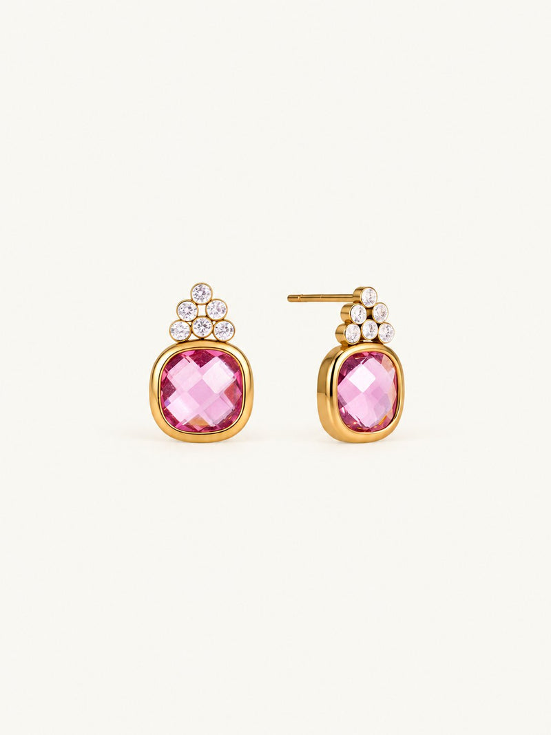 Sabrina Pastel Bezel Stud Earrings – Pink Cushion, product image with measurements