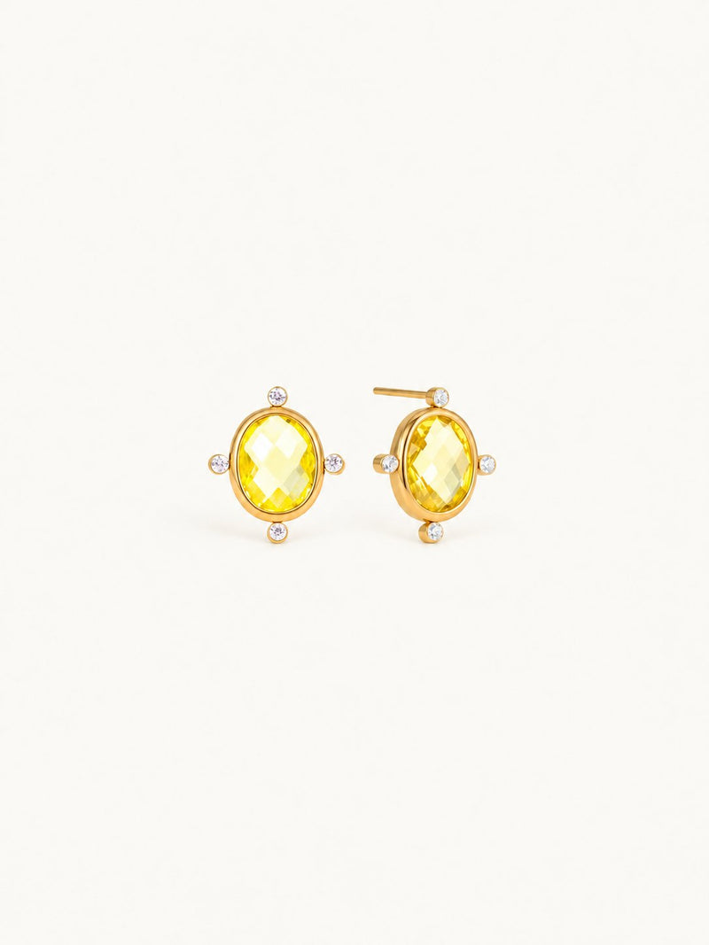 Sabrina Pastel Bezel Stud Earrings – Yellow Oval, product image with measurements
