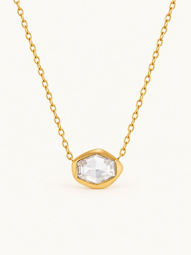 Yolande Faceted Hexagon Pendant Necklace – Clear, product image with measurements