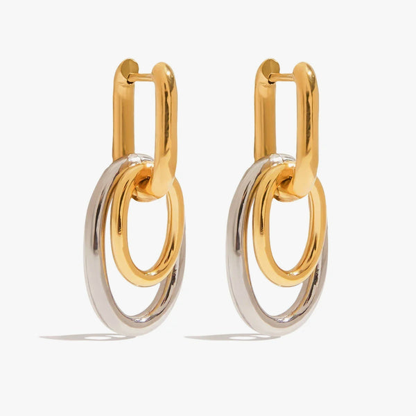 Rectangular huggies with interlocking gold and silver oval drops