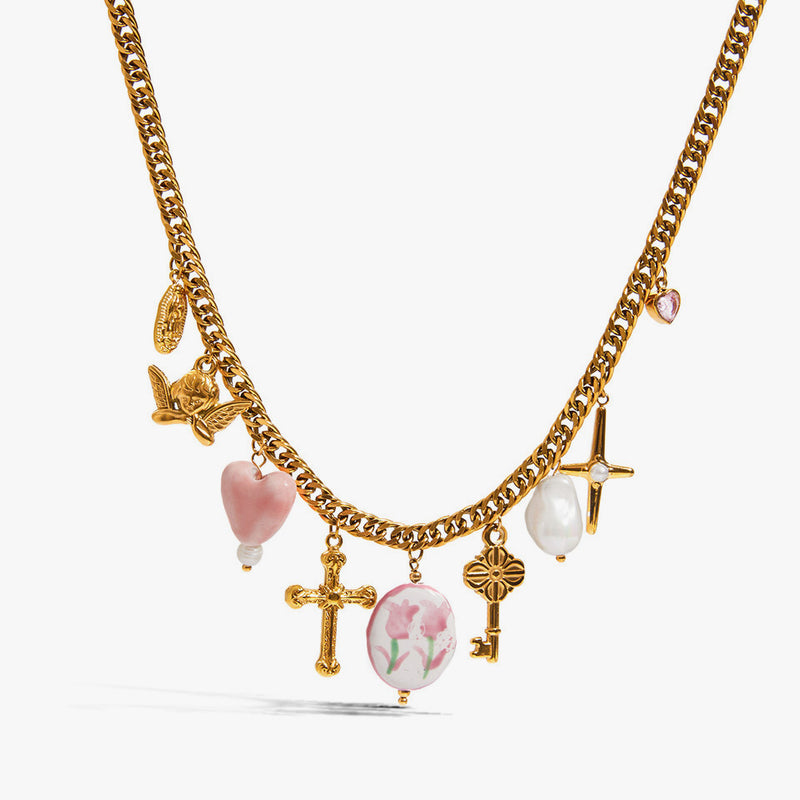 Chain hung with a cross, heart, pearl, flower and key charms