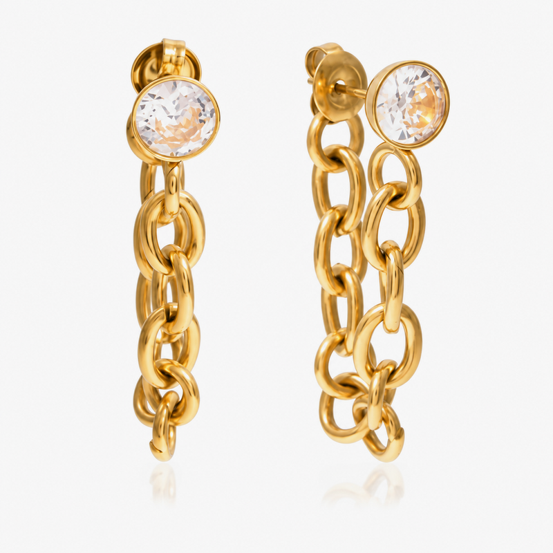 Melisande Crystal Chain Drop Stud Earrings — Gold