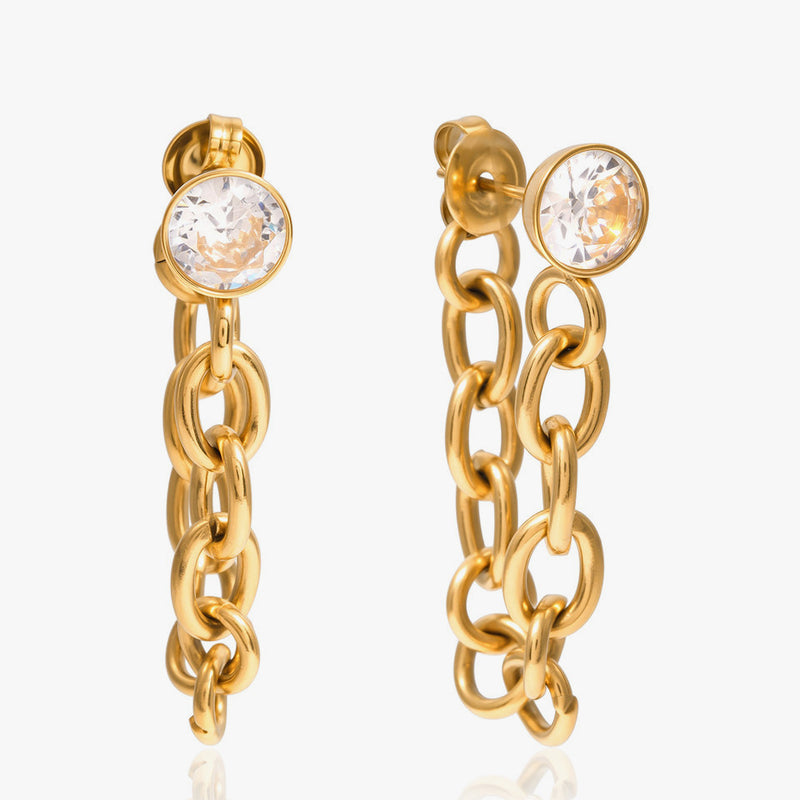 Crystal studs with a gold-tone chain drop