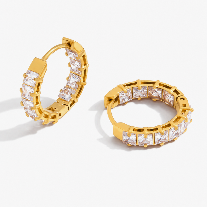 Michele Square Crystal Huggie Hoop Earrings — Gold