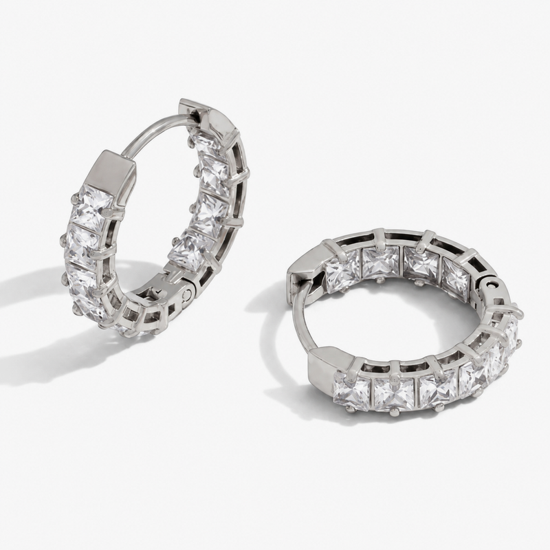 Michele Square Crystal Huggie Hoop Earrings — Silver