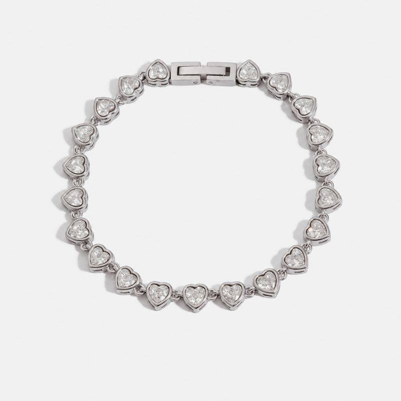 Odile Crystal Chain Bracelet — Pave Heart Silver