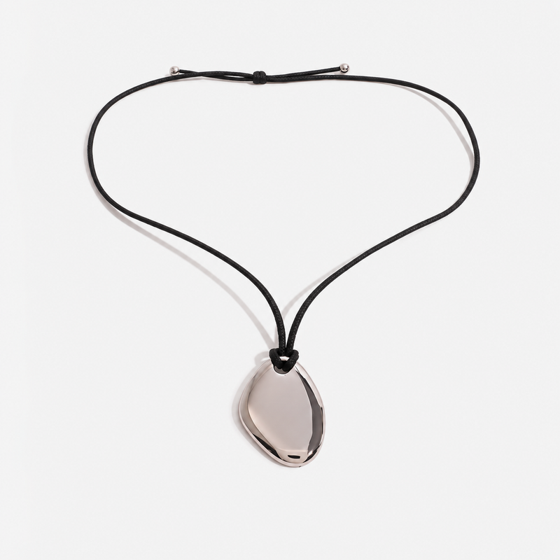 Renee Sculptural Pendant Cord Necklace — Oval Pebble Silver