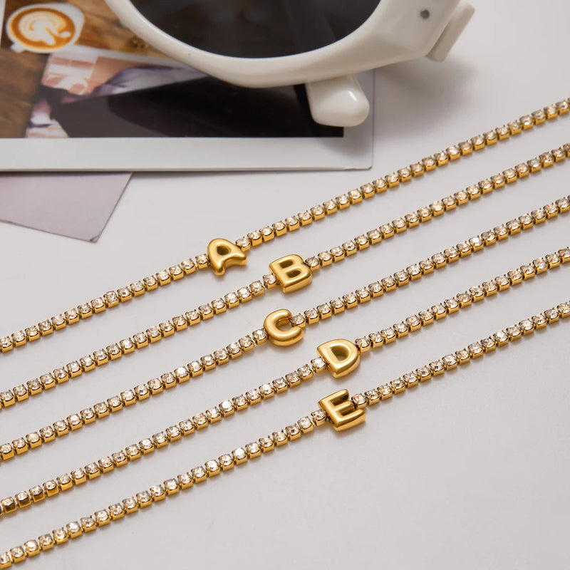 Pauline Initial Crystal Tennis Bracelet, letters A to E laid out