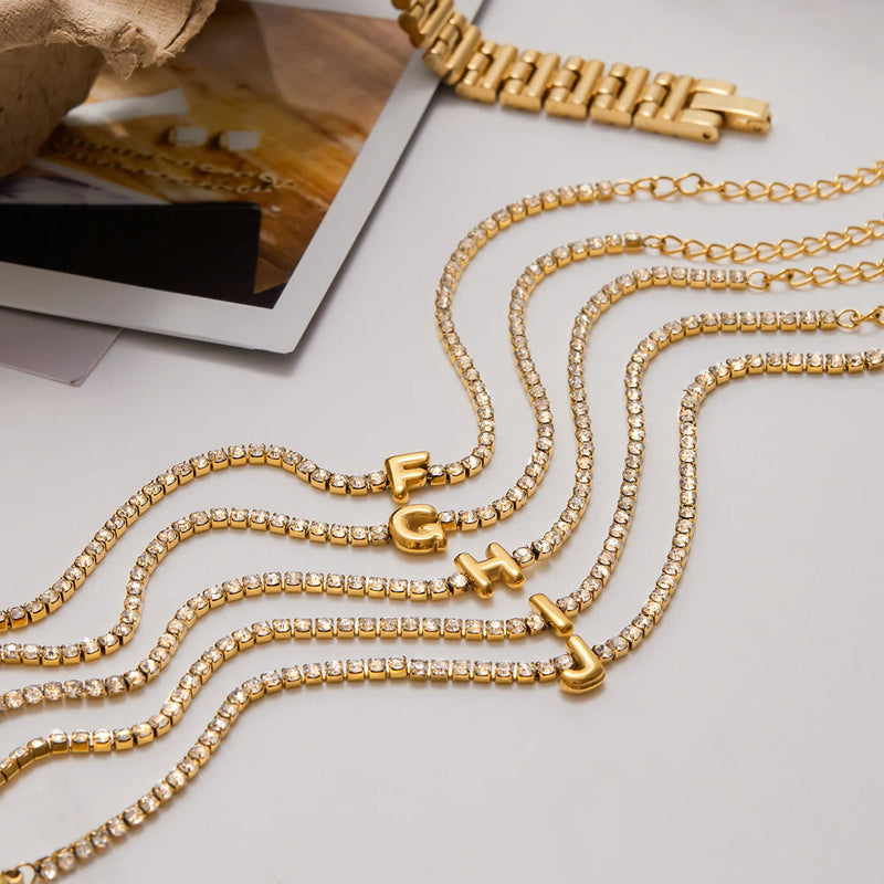 Pauline Initial Crystal Tennis Bracelet, letters F to J laid out