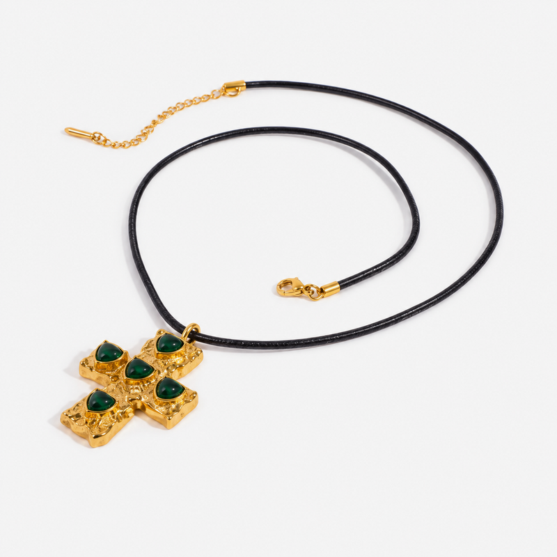 Violette Green Stone Cross Cord Necklace — Gold